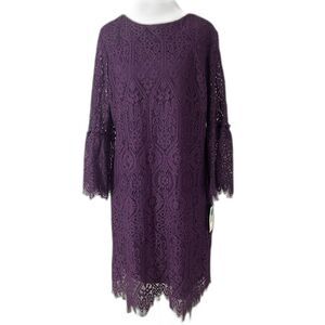 RN Studio Purple Lace Shift Dress Size 12 Bell Sleeves Amethyst